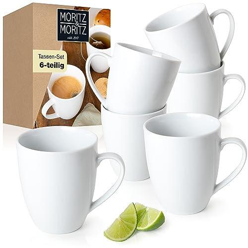 Moritz & Moritz Juego de tazas de café BASIC blanco 6 piezas - aprox. 300 ml de porcelana - diseño elegante con asa - Perfecta para café, té, chocolate caliente, capuchino