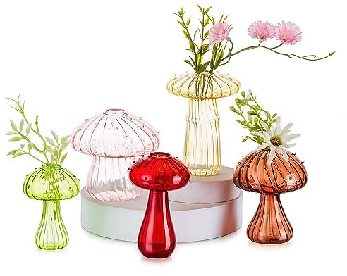 Vases en Verre Multicolore Champignon Deco: Hewory Lot de 5 Champignons Petit Vase Decoratif Deco Table, Mini Vase en Verre Coloré Hydroponiques pour Salon Chambre Moderne Cottagecore Décor