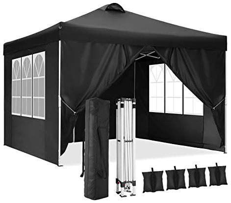 TOOLUCK Pavillon 3x3 Wasserdicht Stabil Winterfest Faltpavillon Partyzelt Faltbar Zelt Pop Up Gartenpavillon mit Entlüftung, 4 Seitenteilen, 4 Sandsack, Schwarz