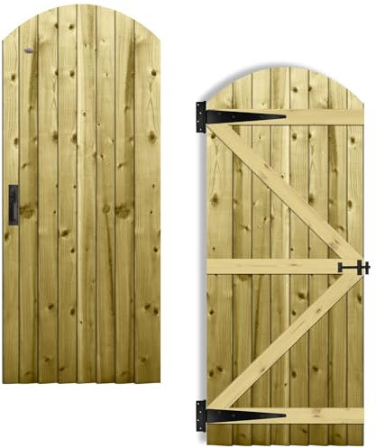 Arch Top Wooden Garden Gate 6x2.5ft - Feather Edge Semi-Braced Treated Timber Door + Suffolk Latch Hinge Pack, H:6ft x W:2.5ft Ideal for Outdoor Pathway Home Access (High: 180cm x Wide: 75cm)