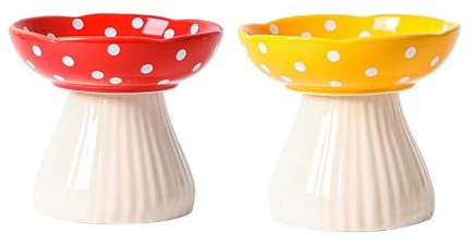 Raised Cat Bowl, Cute Mushroom Cat Water Bowl, Elevated Cat Food Bowl, Ceramic Cat Bowls for Food and Water, Wide Shallow Cat Food Dish, Whisker Fatigue 2pcs (Red&yellow)
