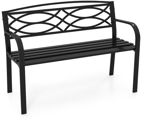 COSTWAY Panchina da Esterno 2-3 Posti, Panca in Metallo con Schienale Motivo Geometrico, Braccioli e Seduta a Doghe, Sedia Moderna per Parco, Cortile e Giardino