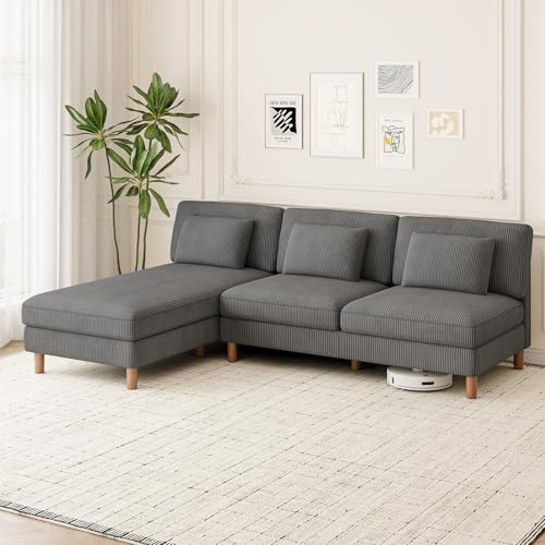 Vesgantti 249cm L Shaped Sofa,3 Seater Sofa&Chaise Lounge,Tool Free Setup | Corduroy Corner Couch with 3 Extra Pillows, Perfect for Living Room, Bedroom, Office, Grey