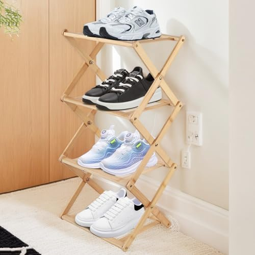 Bayidun Pequeño zapatero ahorrador de espacio, zapatero plegable de bambú estrecho, organizador multifuncional de 4 niveles, zapatero independiente para entrada, pasillo, pasillos, dormitorio, armario
