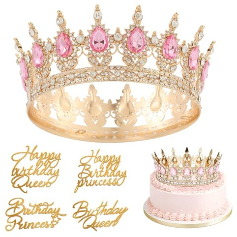 1 corona di compleanno per ragazza, corona per torta, con 4 decorazioni per torte Happy Birthday, per compleanno, matrimonio, fidanzamento e occasioni speciali (rosa oro)