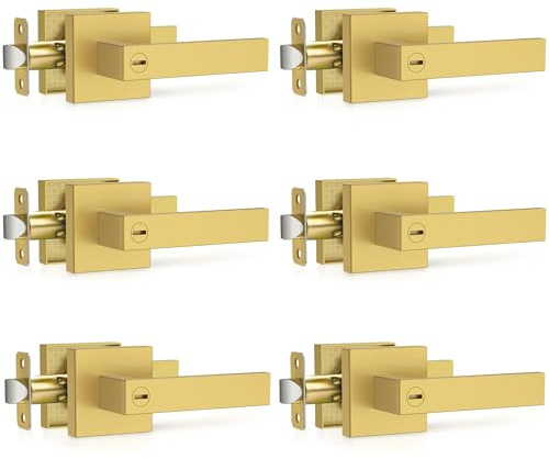 Plustool 6 Pack Brushed Gold Door Handles, Interior Door Knob Heavy Duty, Flat Square Privacy Door Locks, Keyless Door Leverset for Bedroom and Bathroom