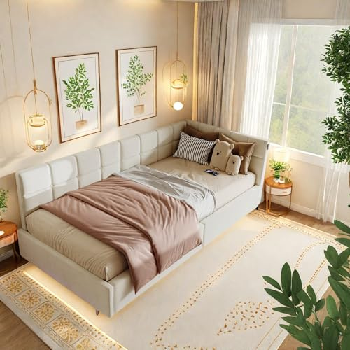 Dormely Lit Coffre 90x200 avec Rangement hydraulique, Canapé lit 1 Place avec Éclairage LED et Port USB, Cadre Lits Flottant pour Fille et Garcon, Beige Velours sans Matelas