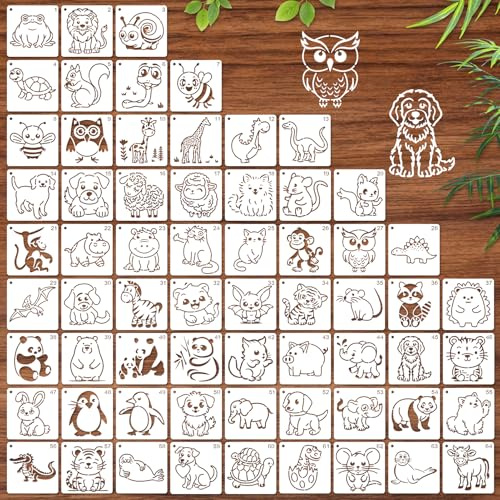 MWOOT 64 Pezzi Stampini per Disegno Animali, Stampini Riutilizzabili per Pittura, Tessuto, Pareti e Teli Decorativi (7.6x7.6cm)