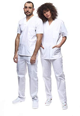 MAZALAT Superdoc Tenue Infirmière Unisexe – Tunique + Pantalon | Blouse médicale col V + pantalon, 5 poches, 130 g/m², lavable à 60 °C, vêtements aide soignante, XS–3XL