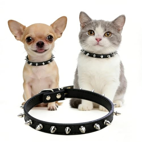Enjoying Spike Cat Collar, Spiked Dog Collar for Extra-Small to Small Dogs, Anti-Bite Studded Protective, Faux Leather Spiky Collar with Metal Rings for Hold Pet Tags/Leash, Adjustable, Black, XS