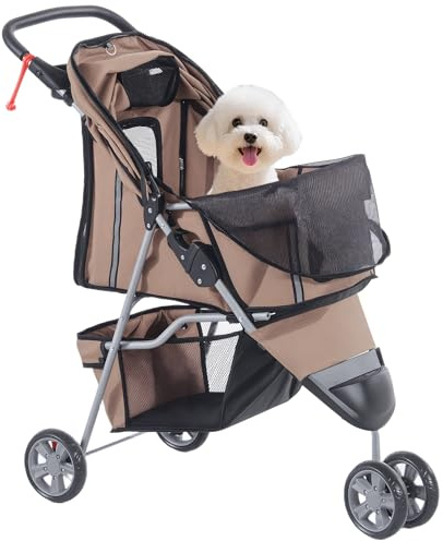 PawHut Cochecito Plegable Mascotas 75x45x97cm Perros Gatos Carrito Ruedas giran 360º Cafe