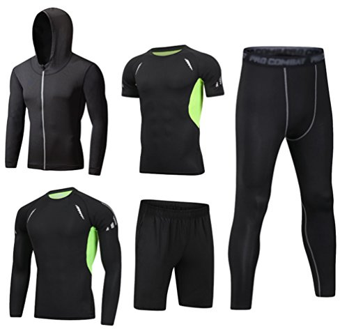 Dooxii Uomo 5 Pezzi Completi Sportivi Abbigliamento Giacca con Cappuccio Manica Corta Manica Lunga Camicie a Compressione Pantaloni a Compressione Pantaloncini Vestiti Set S