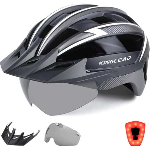KINGLEAD Fahrradhelm mit Visier für Herren Damen - Leichte Fahrradhelm mit Magnetischem Brille und USB Aufladung LED Licht, Rennradhelm für Erwachsenen Herren Damen