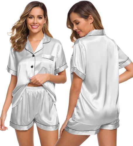 SWOMOG Satin Pyjamas for Womens Silk Pyjamas Short Set Button Down Pj Sets Bridemaid Pyjamas 2 Piece Grey