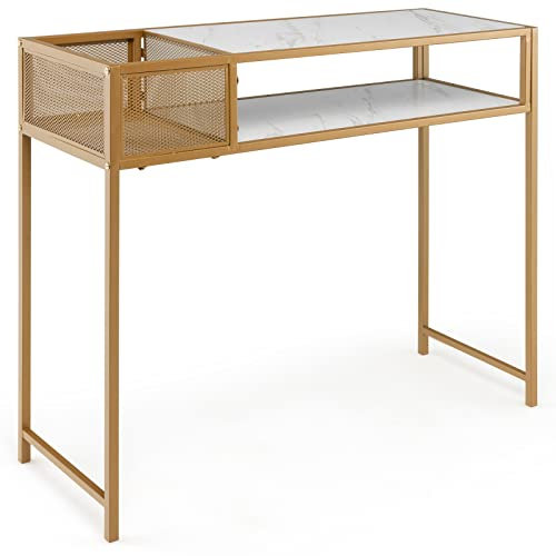COSTWAY Console Table, Faux Marble Sofa Side End Table with Mesh Storage Shelf, Golden Metal Frame Narrow Hall Desk Display Accent Table for Living Room Foyer Entryway (with Shelf & Basket)