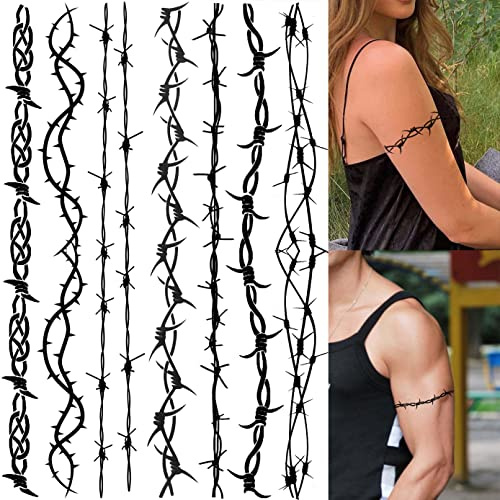LAROI 7 Blatt Stacheldraht Temporäre Tattoos Damen Männer Klebetattoos Erwachsene, Halloween Fake Arm Tattoos Zum Aufkleben Herren Frauen, Häftling Gefängnis Tattoos Halloween Make UP Kostüm Schminke