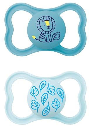 MAM Supreme Schnuller im 2er-Set, Baby Schnuller für eine gesunde Zahn- und Kieferentwicklung, beugt Hautreizungen vor, mit Schnullerbox, 6–16 Monate, Löwe/Blätter