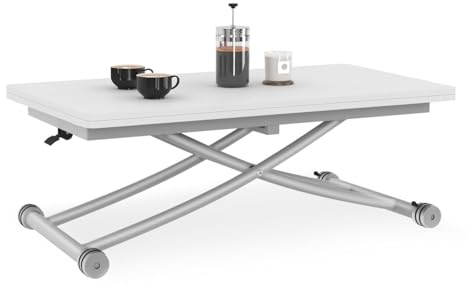 IDMarket - 2-in-1-Couchtisch, hochklappbar zum Esstisch für 6-8 Personen Portfolio-Tischplatte Urbana weiße Tischplatte Chromfuß