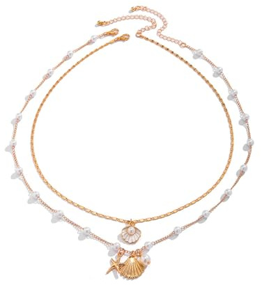 GAUEIOUR Bohemian Puka Shell Necklace,Ocean Style Metal Alloy Starfish Shell Necklace Set, Women's Imitation Pearl Layered Chain Necklace, Summer Beach Holiday Surfer Jewelry (Necklace * 2)