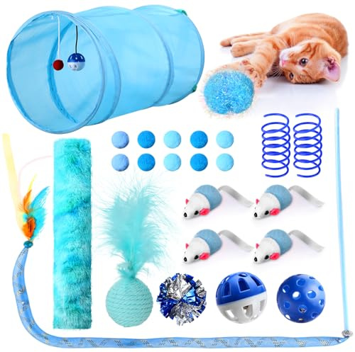 Foilswirl 24 Pcs Cat Toys Set Interactive Kitten Toys Pack Including Collapsible Play Tunnel Feather Teaser Wand Fuzzy Ball Springs Pillow Mouse Bells for Indoor Cats Puppy(Blue,Classic)