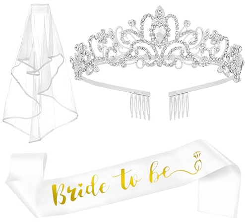 QIFU 3pcs Silver Bridal Shower Decorations Bride to Be Crown Sash Veil