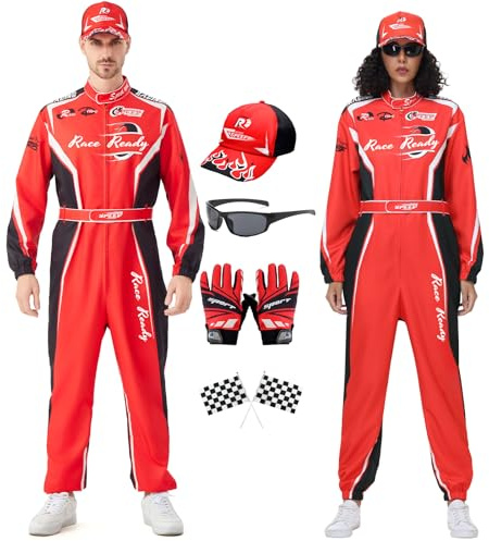Dzorim Costume da pilota da uomo con cappello, set completo con tuta da corsa, guanti, bandiera e occhiali da sole per adulti (rosso, M)