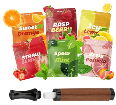 ADASTONE Bärbar smaksatt luftenhet med 18 påfyllningsbara aromkärnor i 6 smaker, sensoriska andningsinhalatorer för vuxna, medveten avkoppling och daglig uppfriskande luftupplevelse (brun)