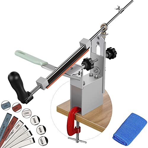 OUHZNUX Messerschärfer Profi, Manuelle Messerschleifer 360° Drehung Flip Design Fester winkel, Aluminium Knife Sharpener System, Mit 6 Schärfsteine + Handtuch……