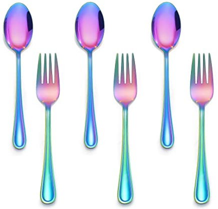 LIANYU 6-Piece Kids Forks and Spoons Silverware Set, Rainbow Children Toddler Utensils Set, Stainless Steel Child Flatware Cutlery for Home Preschools, Dishwasher Safe