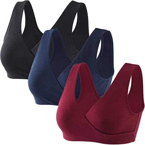 ZUMIY Nahtloser Still BH ohne Bügel, Maternity Nursing Bras Schwangerschafts-BH und Stillzeit Unterwäsche Stillen und Schlaf Ohne Bügel für Damen (XL,Black+Red Wine+Navy blue/3pack)