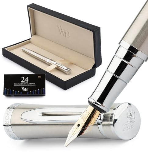 Wordsworth & Black Set Penna Stilografica, Pennino Largo, Include 24 Cartucce D'inchiostro, Convertitore Di Ricarica Inchiostro E Confezione Regalo, Finitura Cromata, Calligrafia [Argento Cromato]