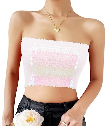 Naimo Top con lentejuelas brillantes para mujer, con hombros descubiertos, sin tirantes, blusa de fiesta, parte superior, Rosa y blanco, Tallaúnica