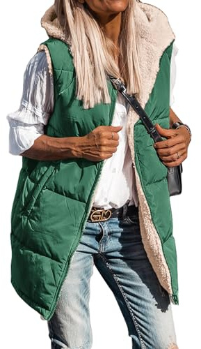 BTFBM Long Puffer Vest Women Fleece Sherpa Jacket Sleeveless Hooded Reversible Zip Up Winter Coat Fall Vests Outerwear(Dark Green, Large)