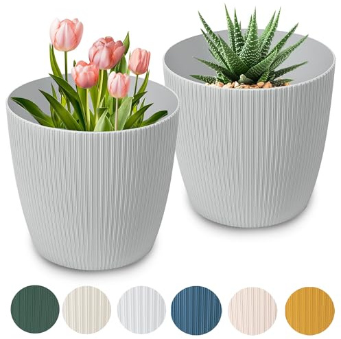 PECZEKO Vaso per fiori opaco, vaso per piante in vaso in plastica Vaso decorativo per, piante grandi 2X set di vasi, vaso per erbe aromatiche, (2 confezioni) Grigio, ø 26 cm
