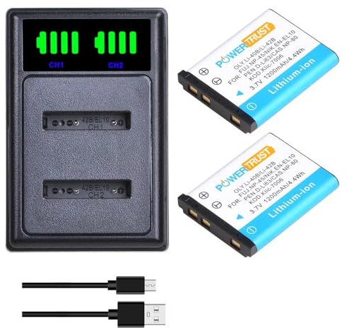 PowerTrust 2Pcs Akku und Ladegerät für Olympus Li-40B Li-42B FE-20 FE-330 D-720 Nikon EN-EL10 Fuji NP-45 Pentax D-Li63 Kodak Klic-7006 Casio NP-80