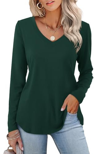 Amoretu Women Tops Ladies Long Sleeve V Neck T-Shirt Loose Casual Basic Christmas Tee Shirts Dark Green Size 12 14