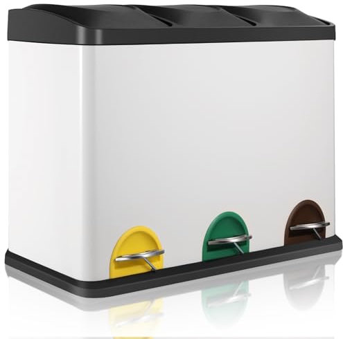 LIFERUN Cubo de Basura reciclaje 3 compartimentos, Papelera triple de cocina con pedal, Cubo de basura cocina de Metal 45 litros (3x15 L), Blanco