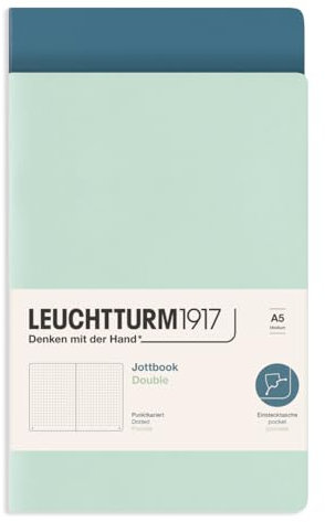 LEUCHTTURM1917 372389 Jottbook A5, 2 Stück, mit Flex-Cover, Farbschnitt, Doppelpack, Mint Green und Stone Blue, dotted