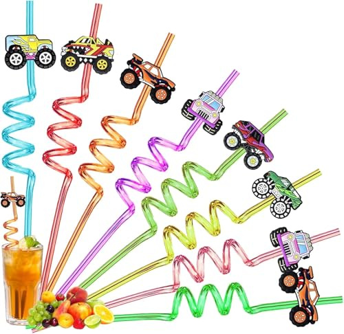 LUKIUP Pajitas Reutilizables Niños, 8 Piezas Vehículo Todoterreno Pajitas, Rizadas de Fiesta Para ArtíCulos Fiesta Cumpleaños Infantiles Niños Decoraciones De La Mesa