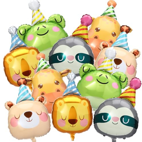 Civaner 10 Pcs Jungle Safari Animal Foil Balloons Animal Birthday Party Decor Bear Giraffe Lion Frog Sloth Aluminum Foil Balloons for Woodland Baby Shower Wedding Gender Reveal Party Supplies
