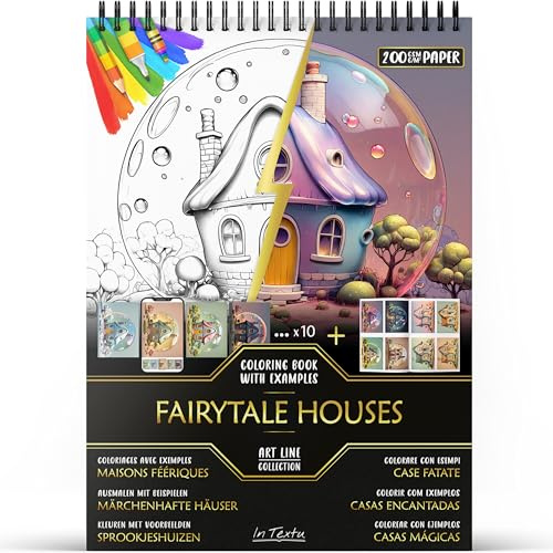 In Textu Livre de Coloriage Adulte Maisons Fantastiques, Papier 200 g/m² | Reliure spirale, A4, qualité premium, 30 dessins, 300 modèles couleur, pour crayons et marqueurs Acrylique|Alcool|Eau