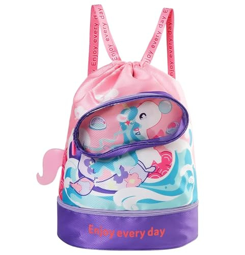 Kids Mermaid Drawstring Swim Backpack with Shoe Compartment, Dry Wet Separated Sports Gym Bag for Girls Swimming Beach Camping Travel