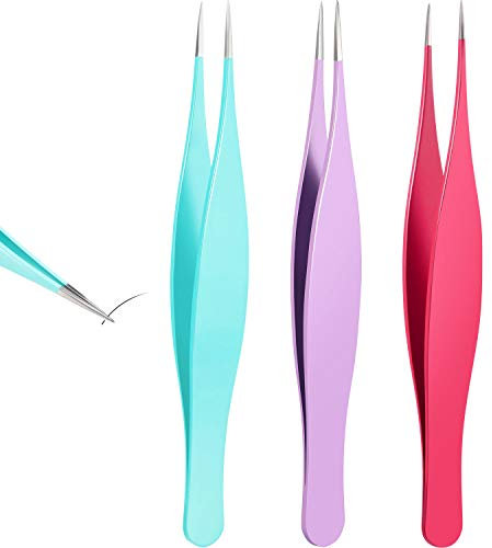 Pinzette für eingewachsene Haare, zum Entfernen von Mitessern, spitz, aus Edelstahl, Präzisions-Pinzette für Augenbrauen und Strahler, Rosa, Violett, Blau, 3 Stück