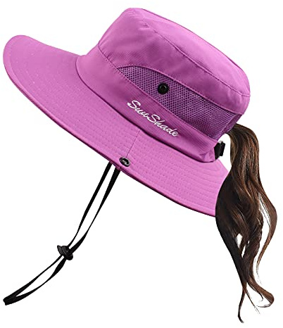 Pesaat Sombreros de Verano para niños y Adultos protección UV Sombreros de Verano cinturón Impermeable Correa de Barbilla para jardinería Viaje Senderismo Pesca(Color Lila,One Size)