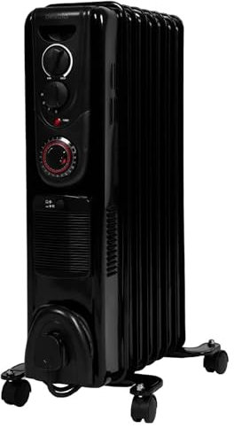 Devola 2000W 7 Fin Oil Filled Radiator, Low Energy Electric Heater with Thermal Fuse for Overheat Cut Off, Adjustable Heating Dial, Turbo Heating Option via PTC Fan, 24 Hour Timer - DVSOR7F20B (Black)