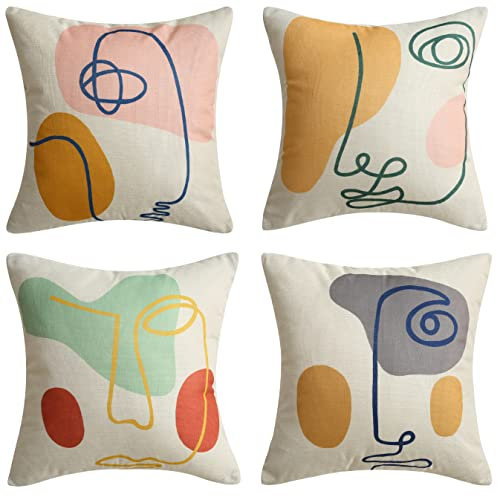 Kissenbezüge 40 x 40 Abstrakte Minimalistische Frau Gesicht Linie Dekokissenbezüge Boho Geschenke Moderne Malerei Kunst für Zuhause Zimmer Bett Sofa Dekor Rot Rosa Grün Braun Gelb Grau Set von 4