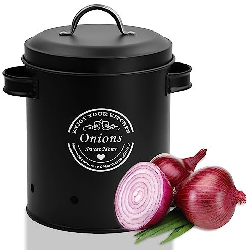 Fangehong 1 Pcs Kartoffel, Zwiebel, Knoblauch Aufbewahrung, kartoffelaufbewarung, Metal Aufbewahrungsboxen Küche, Gemüse Vorratsdose mit Deckel (Zwiebel Schwarz)