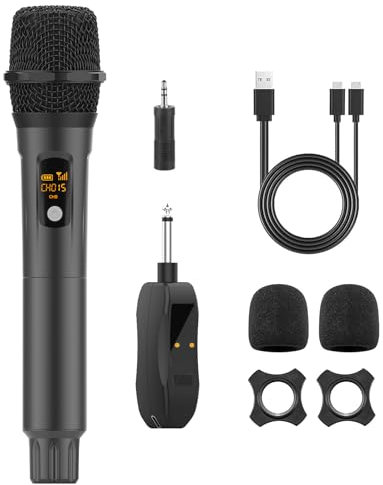 Aveek Micrófono de karaoke de 2,4 GHz, juego de micrófono inalámbrico con receptor, micrófono de mano inalámbrico profesional, micrófono dinámico recargable de 200 pies para DJ, fiesta, boda, idioma