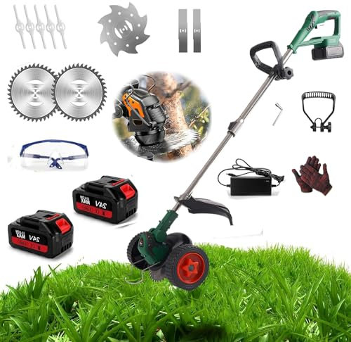 Decespugliatore A Batteria Professionale Con 2*Batteria E Caricatore, Tagliaerba Elettrico Batteria A Carrello Con 4 Tipi Di Lame Maniglia A Scomparsa E Rotazione Della Testa Di 90° (Niente ruote)