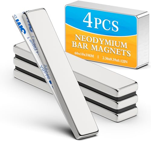 Grtard 4Pack Neodymium Magnet Bar, Powerful Bar Magnets, Magnet Strips Heavy Duty, Strong Rare Earth Magnets with Double-Sided Adhesive for Craft, Fridge, Kitchen, Office - 60 x 10 x 3 mm